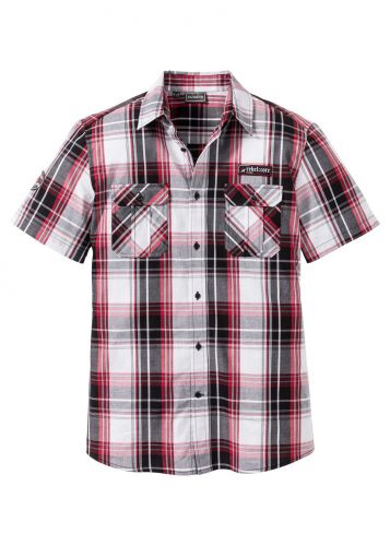 Koszula z krótkim rękawem slim fit bonprix czarno-biało-ciemnoczerwony w kratę