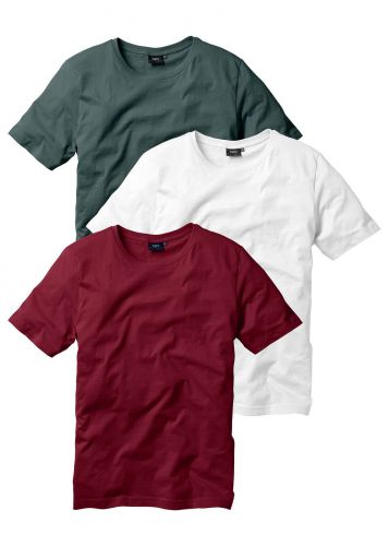 T-shirt (3 szt.) bonprix bordowy + ciemnozielony + biały