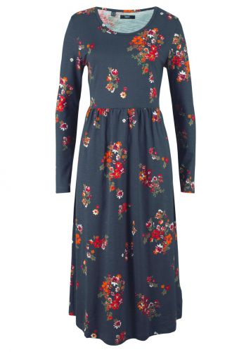 Rozkloszowana sukienka midi z dżerseju, długi rękaw bonprix nocny niebieski - czerwony klonowy w kwi