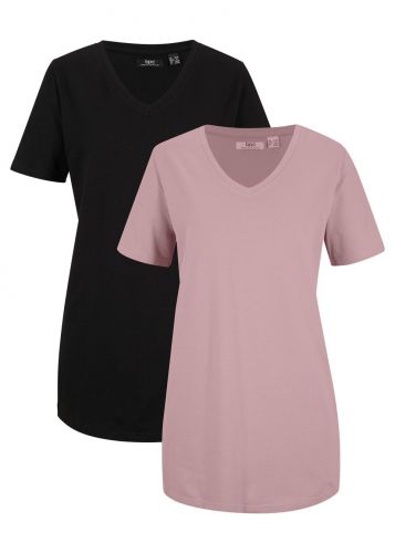 Długi t-shirt basic z dekoltem w serek (2 szt.), krótki rękaw bonprix czarno-różowobrązowy