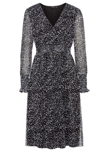 Sukienka z siatkowego materiału z nadrukiem i przeszyciem cienkimi gumkami bonprix czarno-kremowy z