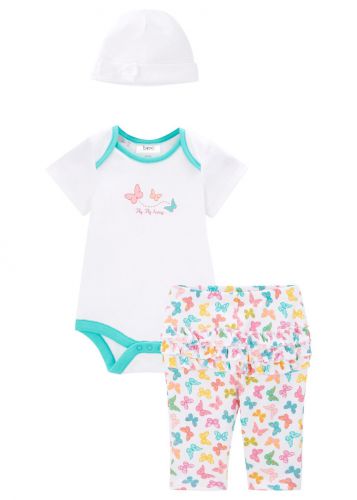 Body niemowlęce z krótkim rękawem + spodnie + czapeczka (kompl. 3-częściowy), bawełna organiczna bon