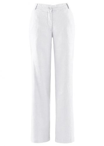 Spodnie lniane loose fit z wygodnym paskiem bonprix biały