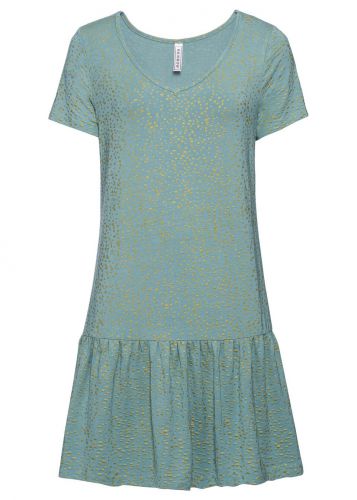 Sukienka shirtowa z falbaną i połyskującym nadrukiem bonprix niebieski mineralny w groszki