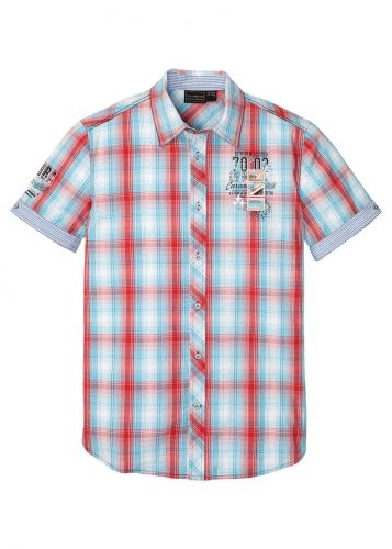 Koszula z krótkim rękawem w kratę bonprix turkusowo-czerwono-biały w kratę