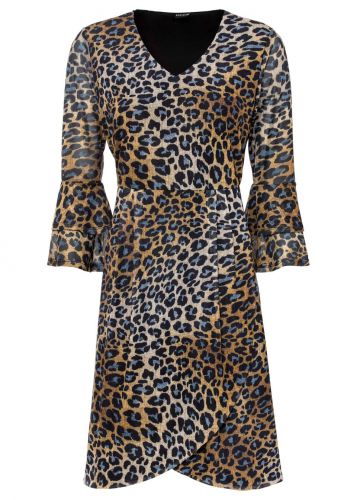 Sukienka kopertowa w cętki leoparda bonprix beżowo-brązowo-szary leo