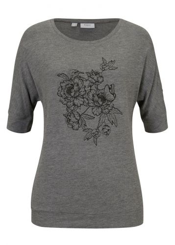 Shirt "nietoperz", rękawy do łokcia bonprix szary melanż w roślinny wzór