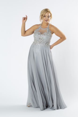 tiulowa sukienka maxi z haftowaną górą z błyszczącymi kryształkami i dekoltem typu halter