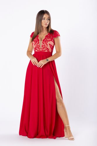 elegancka sukienka maxi z gipiurową górą i rozkloszowanym dołem