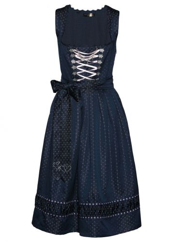 Sukienka ludowa z haftowanym fartuchem z satyny bonprix ciemnoniebiesko-pastelowy jasnoróżowy wzorzy