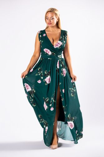 elegancka sukienka maxi w róże z kopertowym dekoltem i rozporkiem z przodu