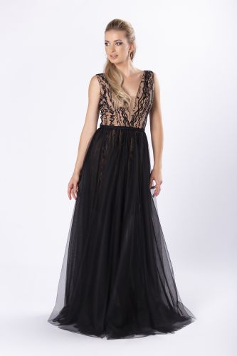 elegancka sukienka maxi z haftowanym wykończeniem i tiulowym dołem