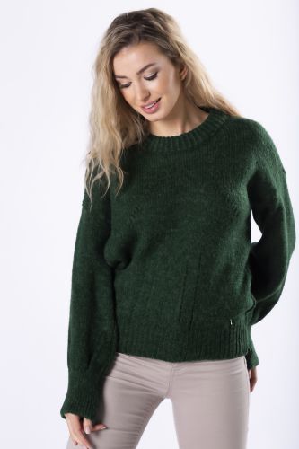 sweter z ażurowymi przeszyciami i bufiastymi rękawami