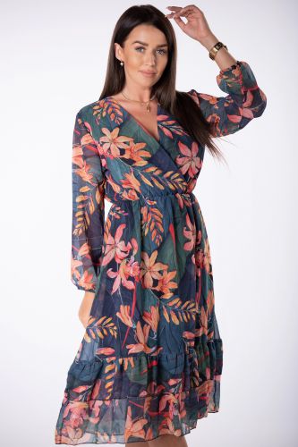 szyfonowa sukienka midi z kopertowym dekoltem