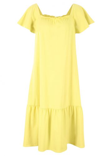 Sukienka z dżerseju z ozdobnym elementem w dekolcie i rękawami motylkowymi, dł. do kolan bonprix żół