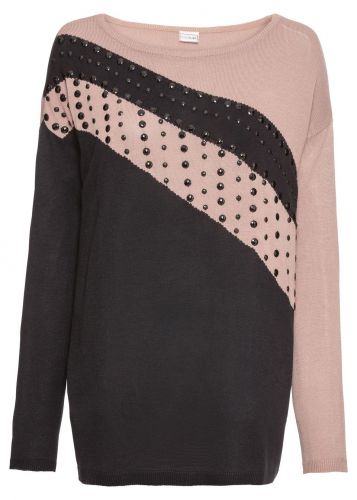 Sweter oversize z aplikacją bonprix czarno-różowy