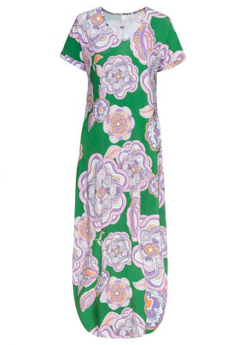 Sukienka midi z kieszeniami bonprix zieleń trawy - jasny lila - bladoróżowy w kwiaty