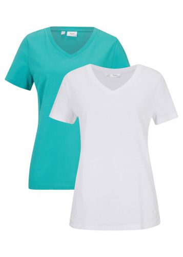Shirt z dekoltem w serek (2 szt.) bonprix zielony oceaniczny -biały