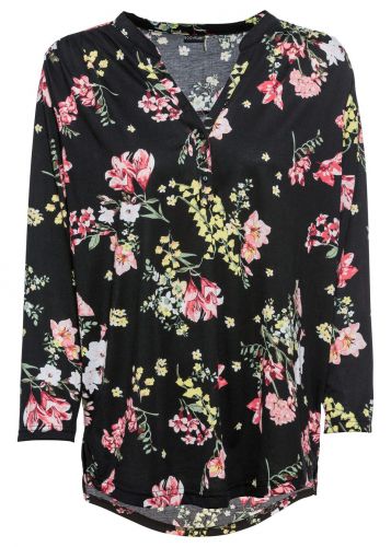 Shirt z plisą guzikową bonprix czarny w kwiaty