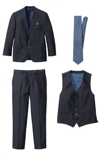 Garnitur 4-częściowy (marynarka, spodnie, kamizelka i krawat) bonprix ciemnoniebieski