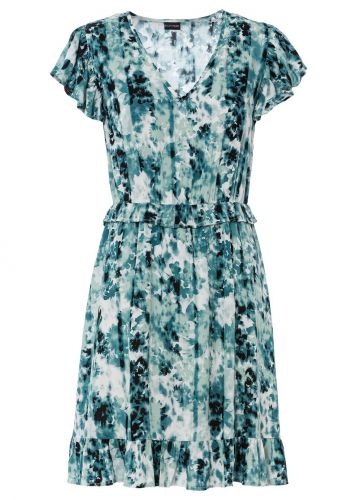 Sukienka z falbaną bonprix niebieskozielony z nadrukiem