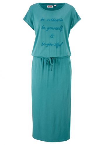 Sukienka shirtowa z nadrukiem, krótki rękaw bonprix matowy turkusowy