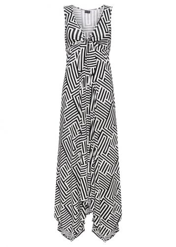 Sukienka z dżerseju z dłuższymi bokami bonprix czarno-biel wełny z nadrukiem