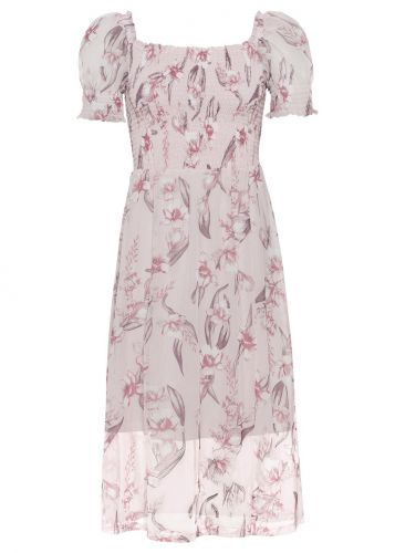 Sukienka z dekoltem karo i przeszyciem cienkimi gumkami bonprix bladoróżowy w kwiaty