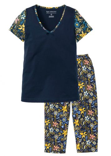 Piżama z krótkim rękawem i spodniami 3/4 bonprix ciemnoniebieski z nadrukiem
