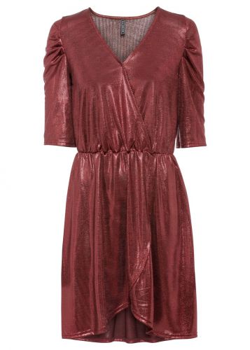 Sukienka z brokatowym połyskiem i założeniem kopertowym bonprix czerwony kasztanowy metaliczny