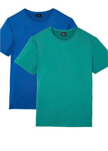 Shirt sportowy (2 szt.), krótki rękaw bonprix lazurowy + dymny szmaragdowy