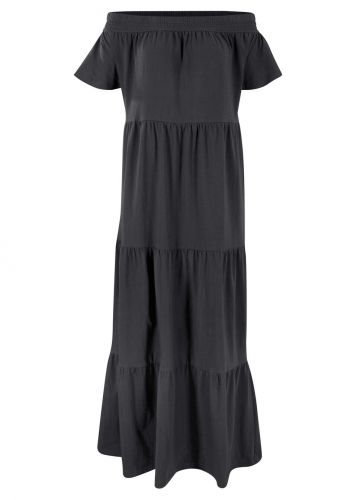 Długa sukienka z dżerseju z bawełny, z falbanami i dekoltem carmen bonprix czarny