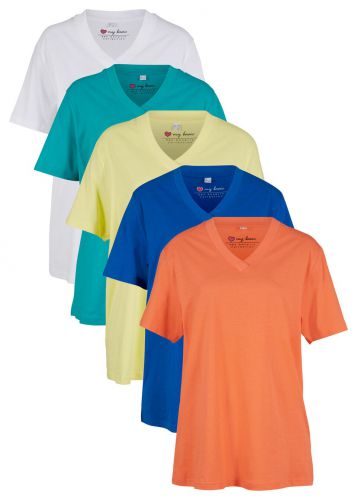 Długi shirt z dekoltem w szpic (5 sztuk), krótki rękaw bonprix łososiowy pomarańczowy + lazurowy + j
