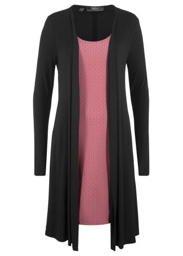 Sukienka w optyce 2 w 1, długi rękaw bonprix czarno-kremowy jeżynowy - dymny jasnoróżowy w graficzny