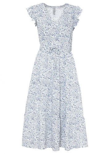 Sukienka midi z rękawami z falbanami z przyjaznej dla środowiska wiskozy bonprix biało-niebieski cha