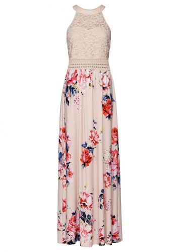 Długa sukienka  z kwiatowym nadrukiem i koronką bonprix beżowo-lila-jasnoróżowy