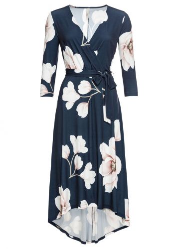 Długa sukienka z dłuższym tyłem i wiązanym paskiem bonprix ciemnoniebiesko-jasnoróżowo-biały w kwiat